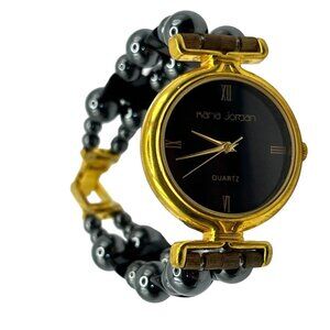 Karla Jordan Quartz Watch With Gold-Tone Case & Black Beaded Bracelet A32
